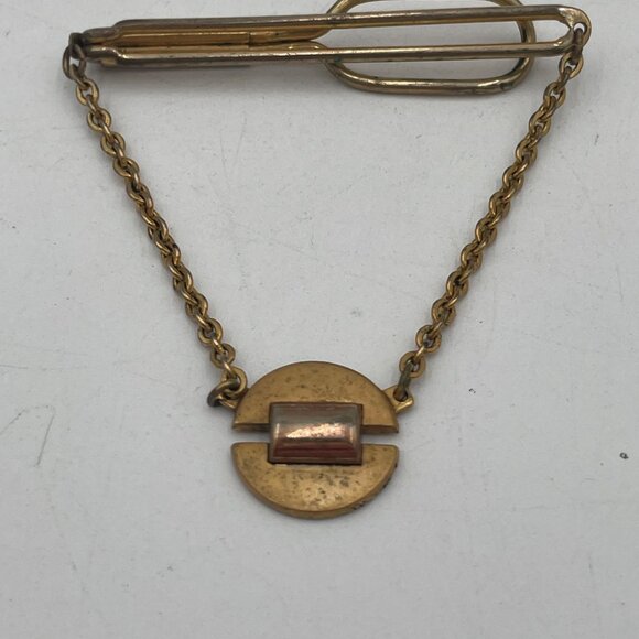 Vintage Swank Gold-Tone Tie Bar With Chain & Geometric Pendant - Picture 2 of 5